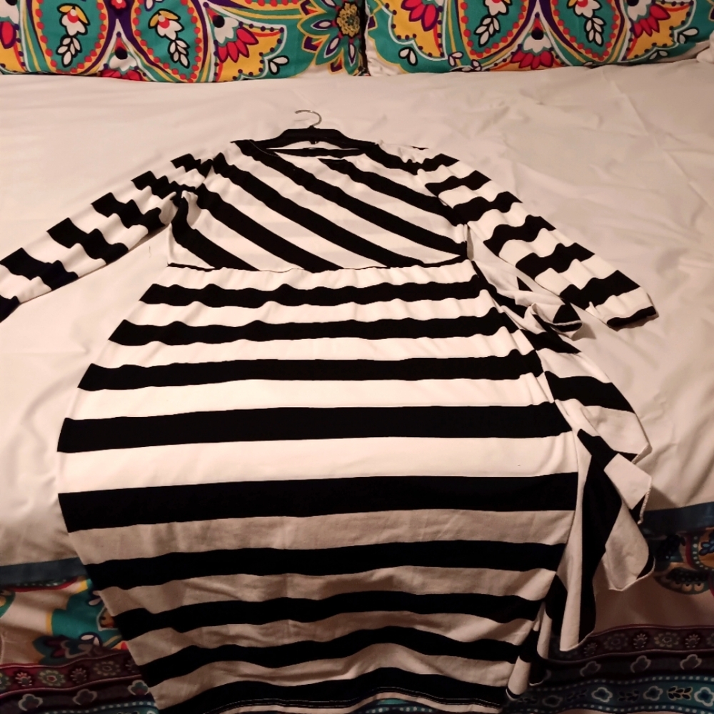 Black/White stripe dress with side ruffles